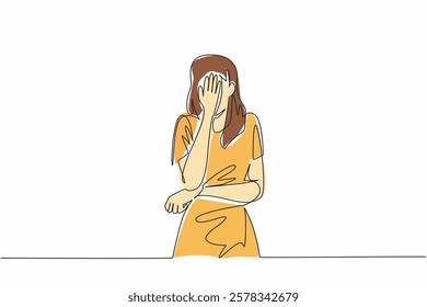 Single one line drawing woman crosses one arm in front of stomach and covers face with other hand. Depression to nausea. National Anxiety Screening Day. Continuous line design graphic illustration