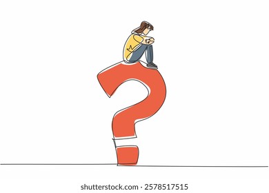 Single one line drawing woman in casual clothes sitting on big question mark while contemplating. Why be away from family. Homesick. National Day of Reason. Continuous line design graphic illustration