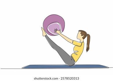 Single one line drawing woman posing with the help of fitness ball. Medicine ball. Helps muscles and spine. Training balance. Exercising. Pilates Day. Continuous line design graphic illustration