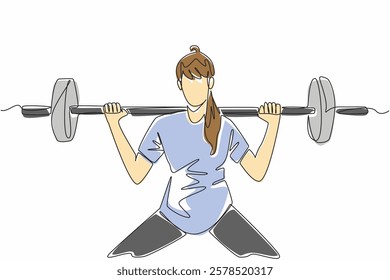 Single one line drawing a woman lifting a barbell on her shoulders with both hands. The beauty who tries to be tough in the gym. National Fitness Day. Continuous line design graphic illustration