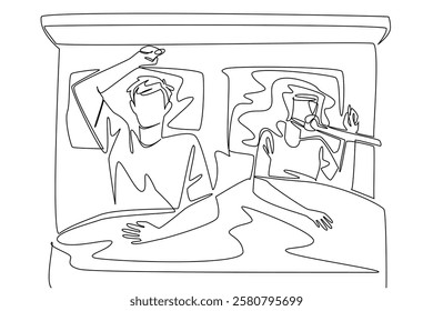 Single one line drawing a woman sleeping on a bed using a CPAP mask accompanied by her husband. Taking care of the beloved woman. Sleep Apnea Awareness Day. Continuous line design graphic illustration