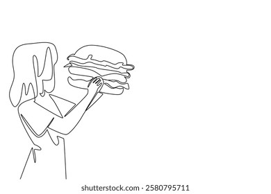 Single one line drawing a woman eating a large burger. Will be full when eating in large portions. Hobby eating. The greedy woman. National No Diet Day. Continuous line design graphic illustration