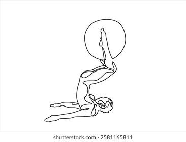 Single one line drawing woman posing with the help of fitness ball. Medicine ball. Helps muscles and spine. Training balance. Exercising. Pilates Day. Continuous line design graphic illustration
