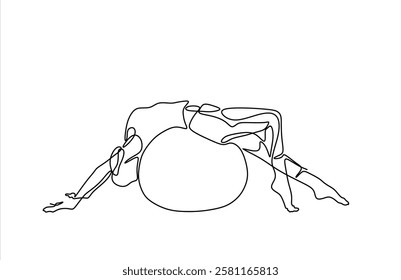 Single one line drawing woman posing with the help of fitness ball. Medicine ball. Helps muscles and spine. Training balance. Exercising. Pilates Day. Continuous line design graphic illustration
