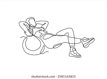 Single one line drawing woman posing with the help of fitness ball. Medicine ball. Helps muscles and spine. Training balance. Exercising. Pilates Day. Continuous line design graphic illustration
