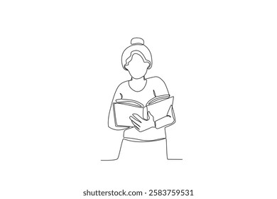 Single one line drawing a Woman reading a book in the library while standing3. online education concept. Single line draw design vector graphic illustration
