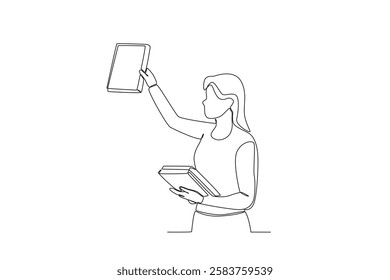 Single one line drawing a Woman arranging books in library. online education concept. Single line draw design vector graphic illustration
