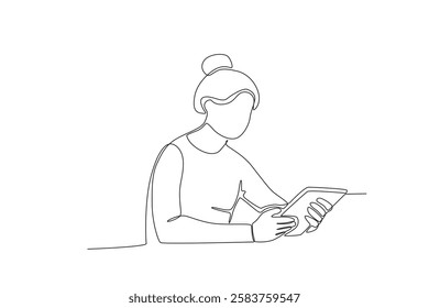 Single one line drawing a Woman reading a book in the library while sitting. online education concept. Single line draw design vector graphic illustration
