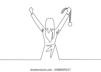 Single one line drawing a woman in casual clothes raised both hands and held a medal. Self pride. Sign of fighting to the max. Success. Reward Yourself Day. Continuous line design graphic illustration