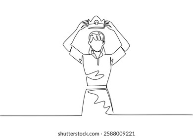 Single one line drawing a woman in casual clothes puts a crown on her head for herself. High level narcissism. Excessive self pride. Reward Yourself Day. Continuous line design graphic illustration