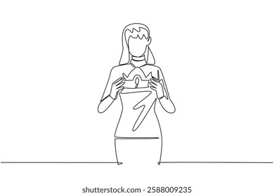 Single one line drawing a woman in casual clothes holds a crown with both hands. Struggle reaps the best results. Honorable mention. Reward Yourself Day. Continuous line design graphic illustration