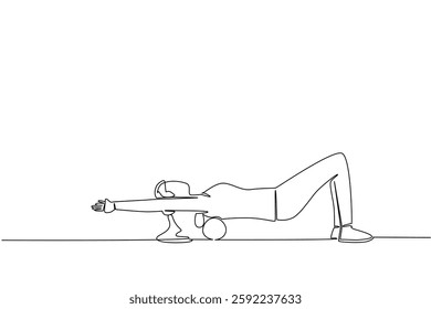 Single one line drawing a woman exercising using a foam roller. Stretches to relieve back pain. Still exercising alone. Health. National Foam Rolling Day. Continuous line design graphic illustration