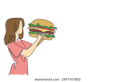 Single one line drawing a woman eating a large burger. Will be full when eating in large portions. Hobby eating. The greedy woman. National No Diet Day. Continuous line design graphic illustration
