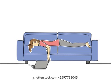 Single one line drawing a woman sleeping face down on the couch with her laptop open. Tiring online meeting. Fast asleep. Chronic Fatigue Syndrome Day. Continuous line design graphic illustration