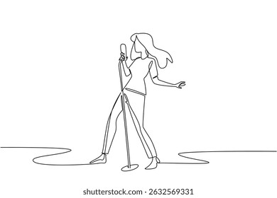 Single one line drawing a woman singing while holding a standing mic and posing. The stunning appearance of the queen of the stage. National Sing Out Day. Continuous line design graphic illustration