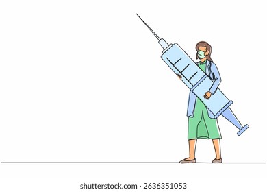 Single one line drawing woman doctor holding syringe with medication. Medical staff stand with large disposable syringe. Vaccination concept. Continuous line draw design graphic vector illustration