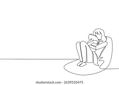 Single one line drawing a woman in casual clothes sits on a sofa on the floor hugging a cat. Playing in the family lounge. International Hug Your Cat Day. Continuous line design graphic illustration