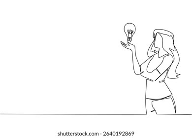 Single one line drawing a woman raises and opens palm with lightbulb floating above palm. Considering the best solution. Genius. National Creativity Day. Continuous line design graphic illustration