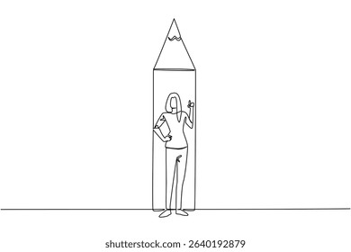 Single one line drawing a woman standing in front of bottom end of pencil with a gesture. Binding the best ideas through writing. National Creativity Day. Continuous line design graphic illustration