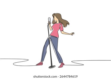Single one line drawing a woman singing while holding a standing mic and posing. The stunning appearance of the queen of the stage. National Sing Out Day. Continuous line design graphic illustration