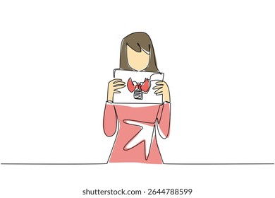 Single one line drawing a woman in casual clothes holds a paper with a mockup of a thyroid gland with both hands. Disease. Treatment. World Thyroid Day. Continuous line design graphic illustration