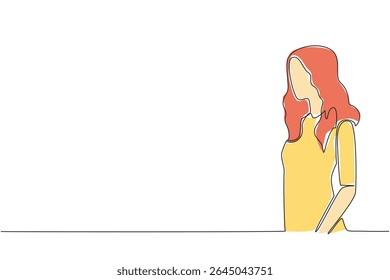 Uma única linha desenhando mulher com cabelo vermelho. A beleza que irradia de dentro da alma é tão encantadora. O sorriso doce complementa a beleza. Dia Mundial da Ruiva. Ilustração gráfica de design de linha contínua