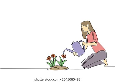Single one line drawing a woman squats and waters flowering plants with a watering can. Caring with all the heart. New hobby. National Water a Flower Day. Continuous line design graphic illustration