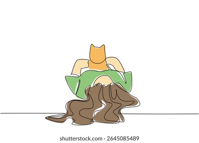 Single one line drawing a woman is sleeping while hugging a cat. Hugging the most adorable animal. Lie down and play. Cute. International Hug Your Cat Day. Continuous line design graphic illustration