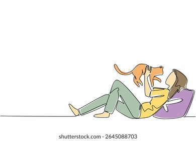Single one line drawing a woman in casual clothes lying down lifting and hugging cat. Play for a while with the beloved cat. International Hug Your Cat Day. Continuous line design graphic illustration