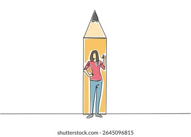 Single one line drawing a woman standing in front of bottom end of pencil with a gesture. Binding the best ideas through writing. National Creativity Day. Continuous line design graphic illustration