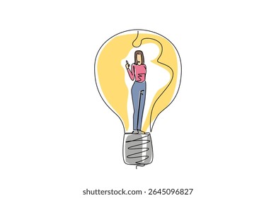 Single one line drawing a woman in casual clothes with gestures got an idea in lightbulb. The power of thinking gives creativity. National Creativity Day. Continuous line design graphic illustration