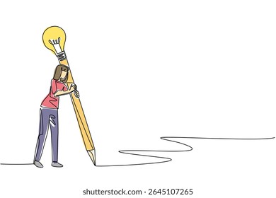 Single one line drawing a woman writes using a big pencil with a lightbulb at the end. Continuous practice to become more creative. National Creativity Day. Continuous line design graphic illustration