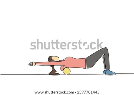 Single one line drawing a woman exercising using a foam roller. Stretches to relieve back pain. Still exercising alone. Health. National Foam Rolling Day. Continuous line design graphic illustration