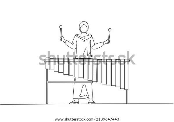 Single one line drawing woman Arabian percussion
player play marimba. Young female musician playing traditional
Mexican marimba instrument at music festival. Continuous line draw
design graphic vector