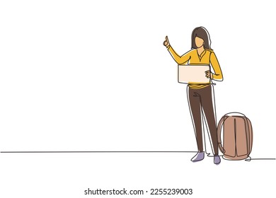 Single one line drawing women with luggage and thumbs up waiting for car by roadside. Hitchhiking road travel. Vacation and trip concept. Modern continuous line draw design graphic vector illustration