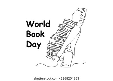 Single one line drawing women carry so many books. World book day concept. Continuous line draw design graphic vector illustration.