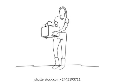 Single one line drawing of women carrying crops in the fields. Farming challenge minimal concept. Continuous line draw design graphic vector illustration.