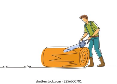 Single one line drawing wood industry worker with chainsaw working. Man logger sawing log in forest. Lumberjack cut timberwood, woodcutter occupation. Continuous line draw design vector illustration