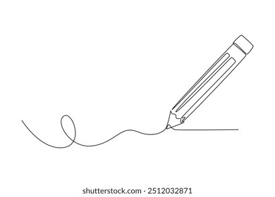 Single one line drawing wooden pencil for writing on paper book. Back to school or college concept. Education knowledge learning for all. Modern continuous line draw design graphic vector illustration