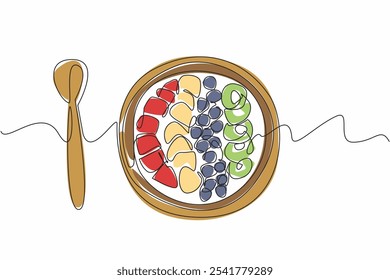 Uma única linha desenhando tigela de açaí de madeira contém alguns pedaços de fruta e há uma colher de madeira. Melhorar a saúde digestiva. Saboroso. Dia Nacional do Açaí Bowl. Ilustração gráfica de design de linha contínua