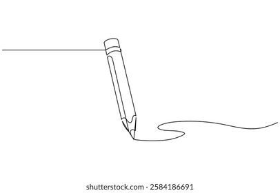 Single one line drawing wooden pencil for writing on paper book., Pencil business icon. Continuous thin line drawing vector illustration.