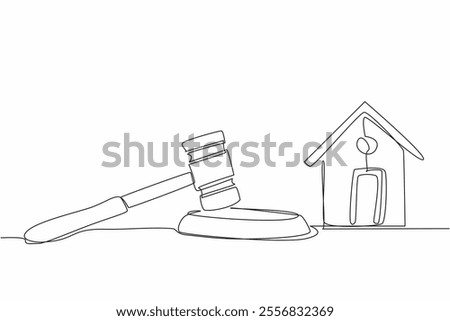 Single one line drawing wooden hammer stands on its bearing and next to the wooden bearing is a miniature house. Property auction. National Auctioneers Day. Continuous line design graphic illustration