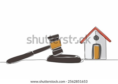 Single one line drawing wooden hammer stands on its bearing and next to the wooden bearing is a miniature house. Property auction. National Auctioneers Day. Continuous line design graphic illustration