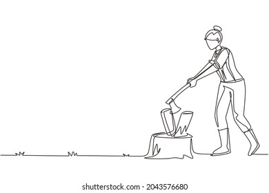 Single one line drawing woodwoman or lumberwoman in checkered shirt, sling pants chopping wood with ax on tree stump. Woman with ax in her hands cuts tree. Continuous line draw design graphic vector