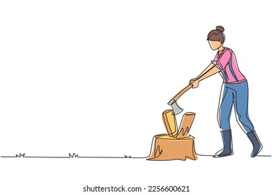 Single one line drawing woodwoman or lumberwoman in checkered shirt, sling pants chopping wood with ax on tree stump. Woman with ax in her hands cuts tree. Continuous line draw design graphic vector