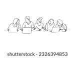Single one line drawing working together, discussing business. Meeting of colleagues. Coworking, teamwork concept. Continuous line draw design graphic vector illustration.