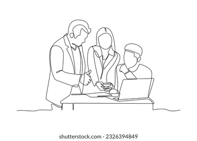 Una sola línea de unión trabajando juntos, discutiendo negocios. Reunión de colegas. Coworking, concepto de trabajo en equipo. Ilustración gráfica de vector de diseño de línea continua.