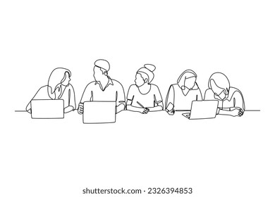 Single one line drawing working together, discussing business. Meeting of colleagues. Coworking, teamwork concept. Continuous line draw design graphic vector illustration.