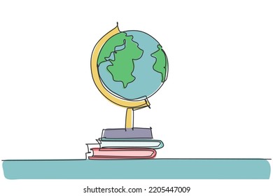Single one line drawing of world globe. Round map above books pile icon silhouette education concept. Infographics, school presentation isolated on white background. Design vector graphic illustration