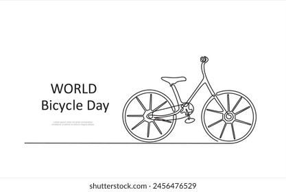 Single one line drawing World Bicycle Day on June 3. World bicycle day concept. Continuous line draw design graphic vector illustration.